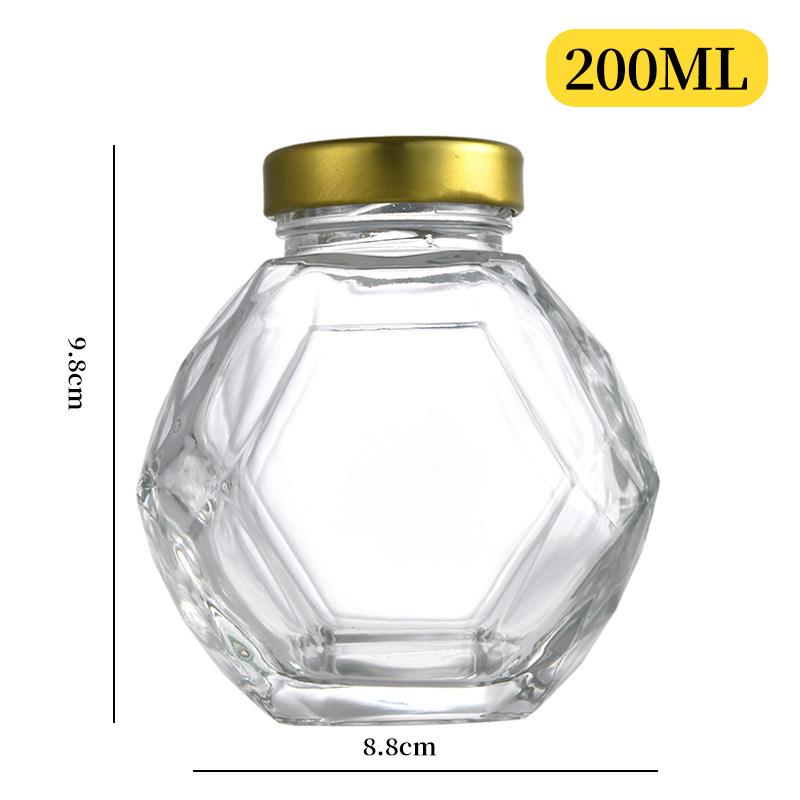 Premium Hexagonal Honey Jar with Diamond Thread Glass Bottle and Wooden Lid, 500g