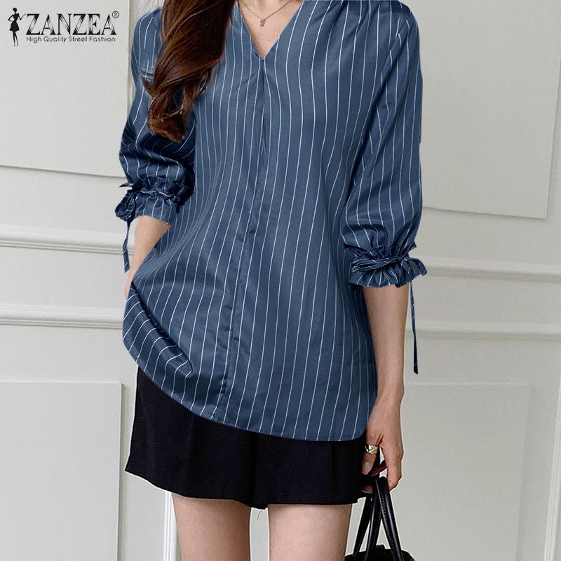 

ZANZEA Женская повседневная свободная полосатая блузка с v-образным вырезом и рукавами 3/4