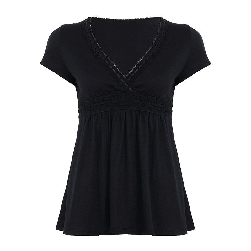 

2026 Spring/Summer European and American Style Pure Desire Spicy Girl Slim Fit V-Neck Babydoll Knit Top Black Slimming Short-Sleeve T-Shirt for Women Black S