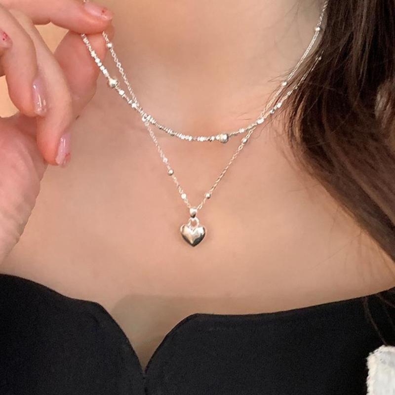 Fashion Heart Pendant Necklace Silver Color Bead Layered Necklace Temperament Clavicle Chain Necklace Choker Jewelry