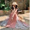 French Sweet Vacation Plaid Lace Splicing Tube Top Dress, Summer New Temperament Waist and Thin Medium and Long Dress