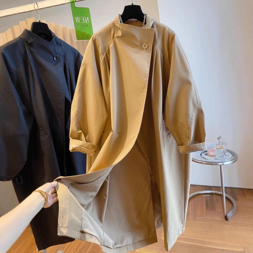 Korean Style High-End Stand-Up Collar Loose Mid-Length Trench Coat for Women