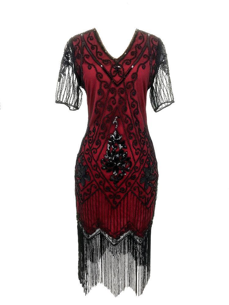 European & American 1920s Vintage Sequin Beaded Tassel Plus Size Evening Party Dress