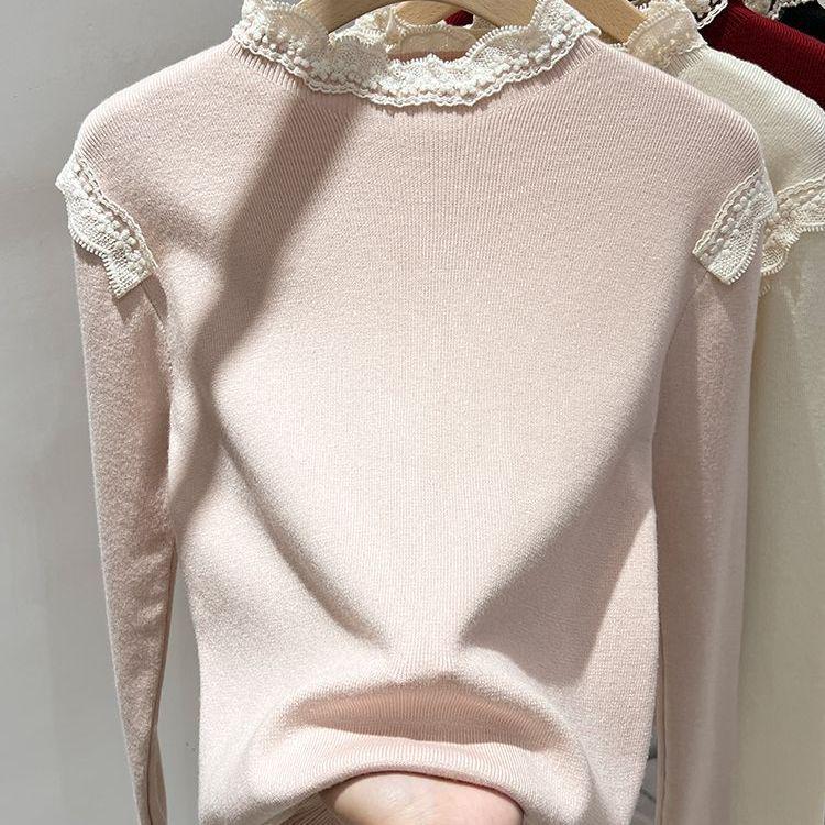 2025 Autumn Women's Apricot Lace Patchwork Knitted Sweater
