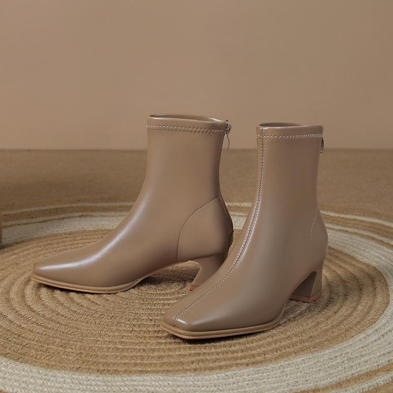 French thick heel short boots women's autumn and winter new commuting zipper elastic square head fashionable versatile medium tube thin boots