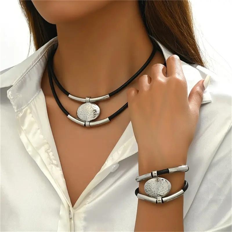 Bohemian Necklace Bracelet Set Vintage Multi Layer PU Leather Rope and Oval Metal Pendant Jewelry Accessories for Women