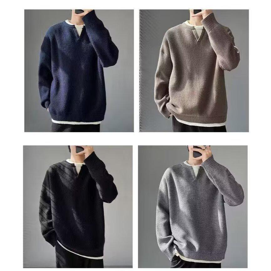 Men's Trendy Hong Kong Style Patchwork Sweater - Winter Round Neck Old Money Knitwear Casual Base Layer