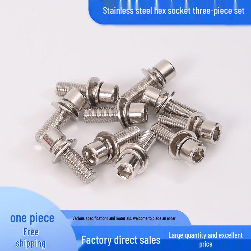 201 Stainless Steel Hex Socket Set with Cylindrical Head & Flat Spring Washer, Sizes M4-M8 M6x10 (200 pieces)