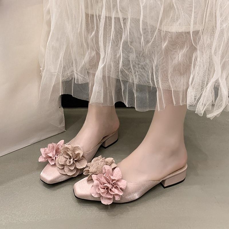 Flower High Heeled Sandals Designer Women Slippers Mules Shoes Elegant Square Toe Summer 2026 Dress Pumps Trend Chunky Mujer