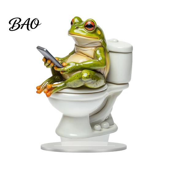 Transparent Acrylic Decor Frog on Toilet Decor, 2D Funny Bathroom Shelf Figure, Cute Decoration Assembled Statue for Desk Living Room Office,