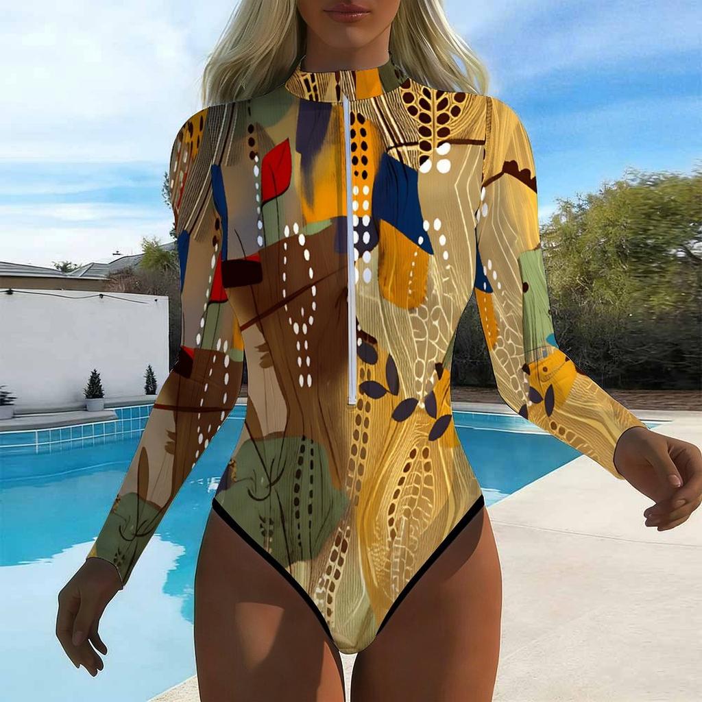 Women Long Sleeve One Piece Swimsuit Zip Front Tropical Flowers Print Rash Guard Surfing Bathing Suit