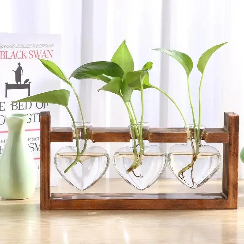 Bonsai Heart Shape Home Decoration Wedding Vase Wooden Frame Glass Vase Hydroponic Plant Vase Vintage Flower Pot Table Desktop