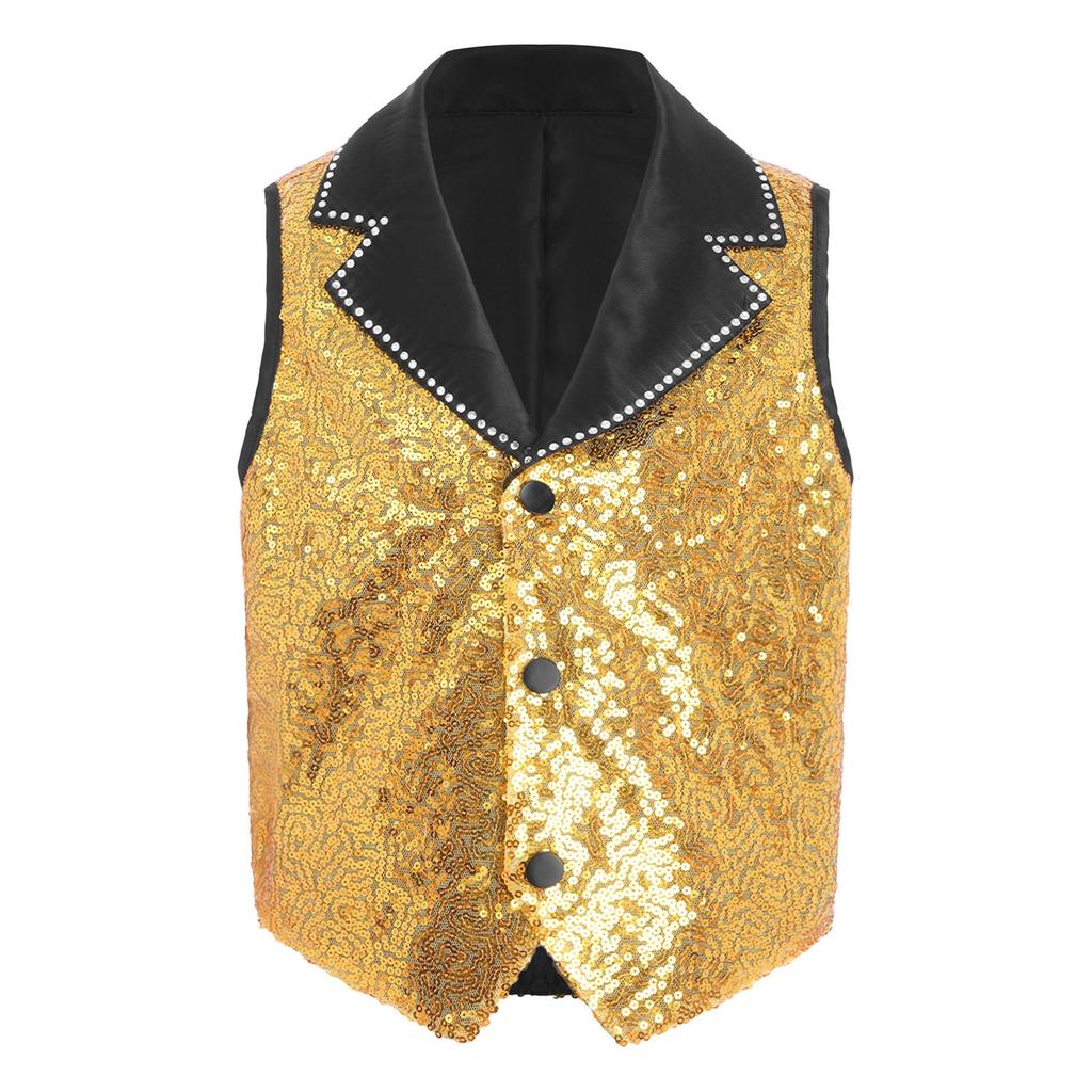 Boys Girls Sparkly Sequin Vest Contrast Lapel Collar Sleeveless Asymmetrical Waistcoat for Stage Performance Costume Tops