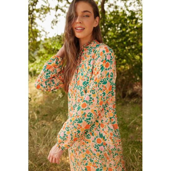 Fusta cu jumătate de guler cu flori portocalii Rochie cu volan lat