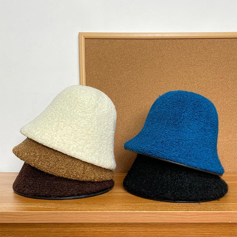 High-grade wool bucket hat women's autumn and winter face small solid color bucket hat simple velvet thickened thermal basin hat