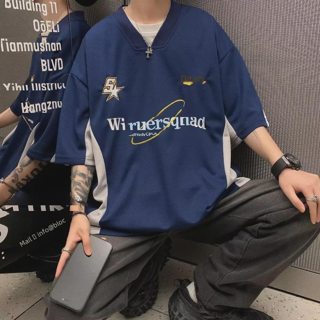 Boys' New Summer V-Neck Embroidered T-Shirt with Five-Point Sleeves – Fashionable and Simple Design