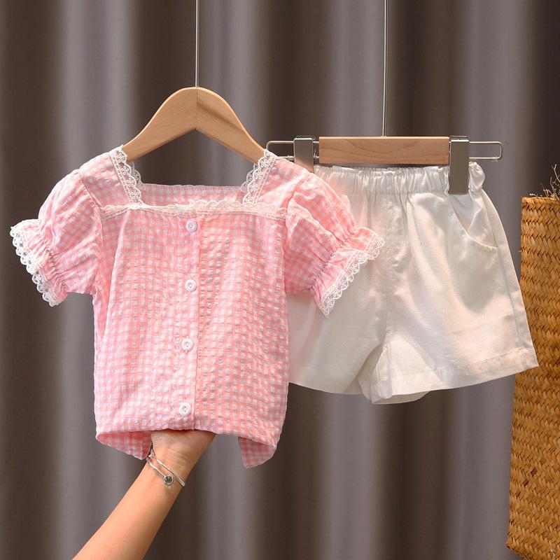 Girls Summer Sleeveless Plaid Princess Two Piece Set with Shorts and Tank Top