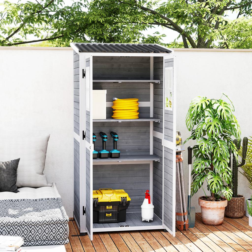 Wooden Garden House with Adjustable Shelves, Two Doors with Lock and Windows, Grey