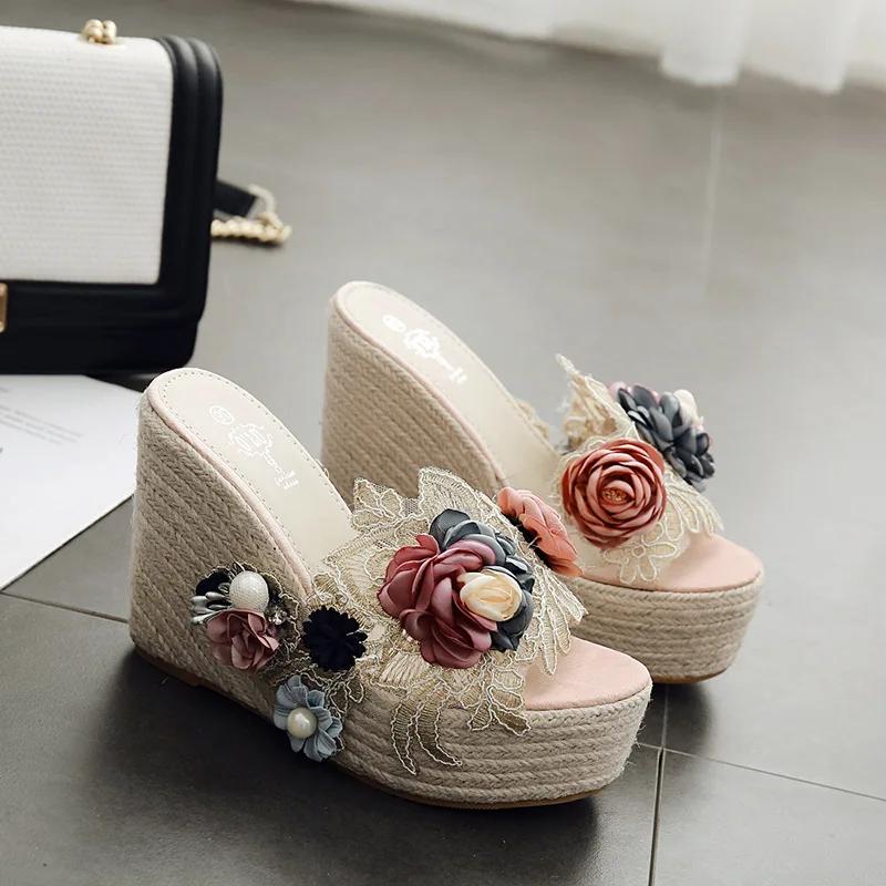 Fashion Sexy Peep Toe Platform Wedge Sandals Flower Pearl Mesh Hemp Rope Woven Thick Bottom High-heeled Slippers Women Roman Shoes