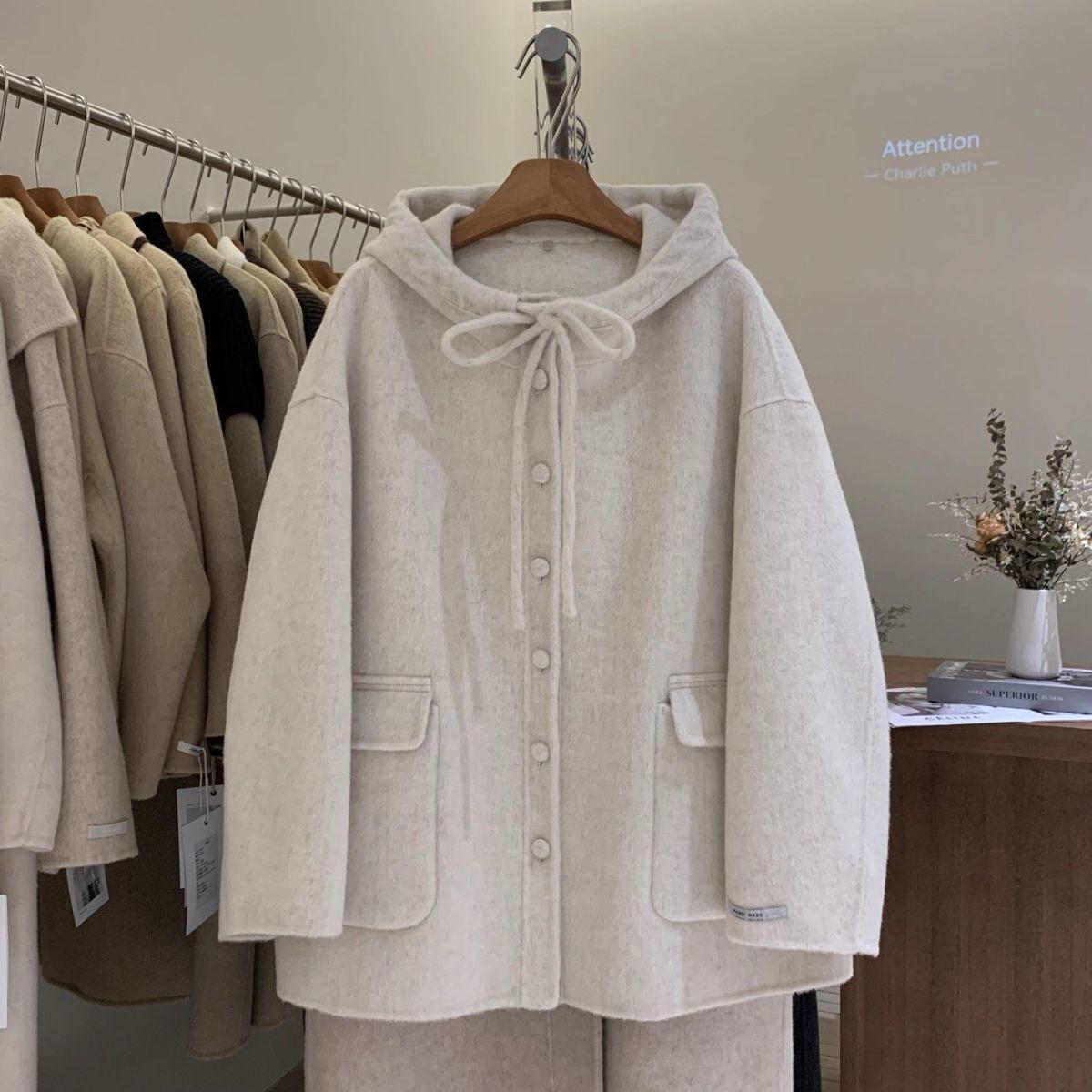 

Women s Retro Plaid Hooded Woolen Coat - 2024 Korean Style Loose Overcoat for Autumn & Winter Fashion Small