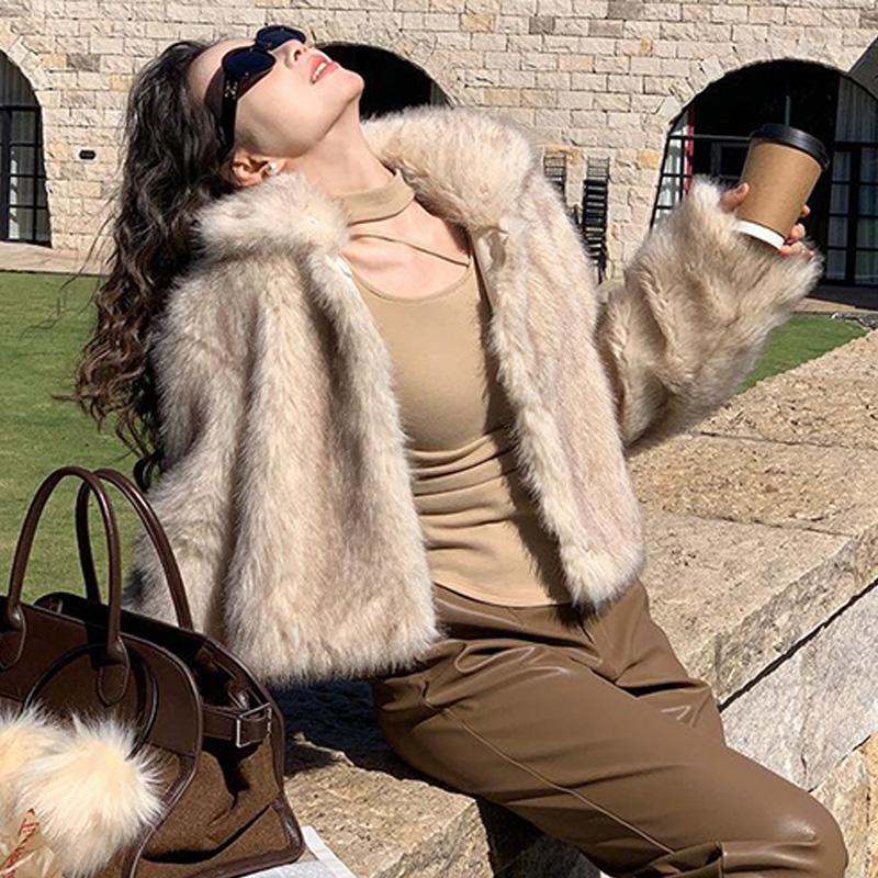 Fashion Luxury Faux Fur Short Coat Women Stand Collar Long Sleeve Loose Jacket Autumn Winter Lazy Thick Streetwear Outerwear