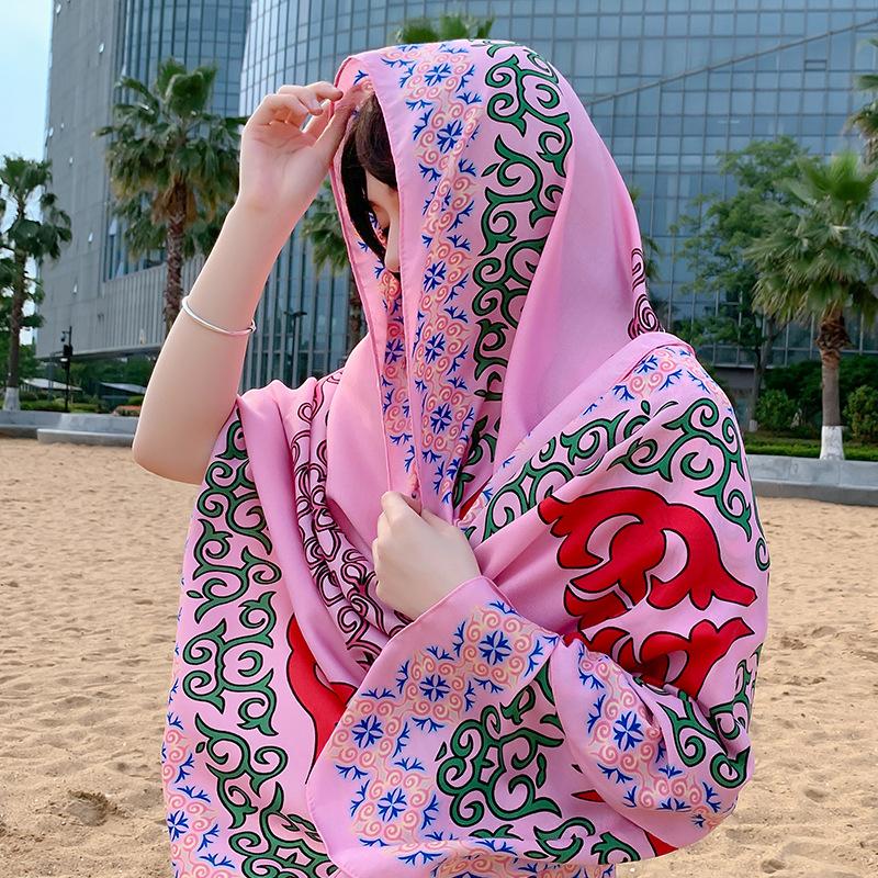180Cmflower Printed Silk Scarf Ethnic-Style Twill Cotton Scarf Multi-Functional Travel Sun Protection Shawl Women'S Headscarf