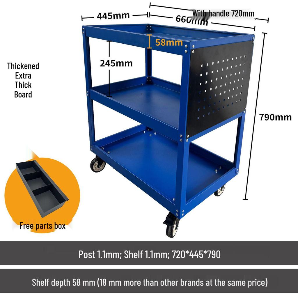 Three-Tier Hand Push Tool Cart for Auto Repair and Maintenance, Multi-functional Mobile Parts Storage Shelf
