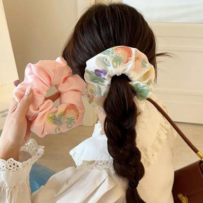 1 Stück hochwertiges koreanisches Erdbeer-, Trauben- und Blumenstickerei-Handwerk, Satintextur, großes elastisches Haarband für Damen