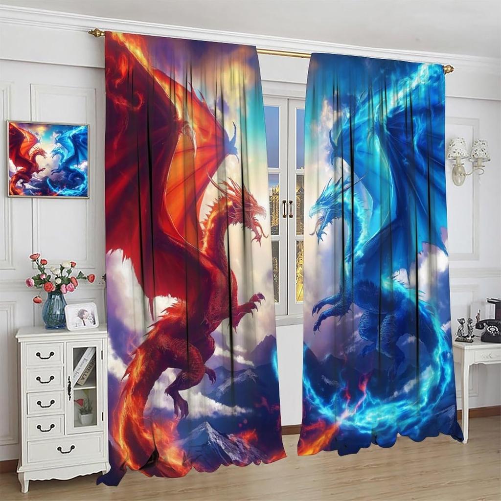 Ice Fire Dragon Curtains, Cool 3D Mystery Fantasy Sky Flame Red and Blue Flying Dragon Window Treatments, Thermally Insulated Ro