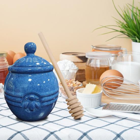 350ml Ceramic Honey Jar Farmhouse Honey Pot with Wood Honey Dipper Stick Retro