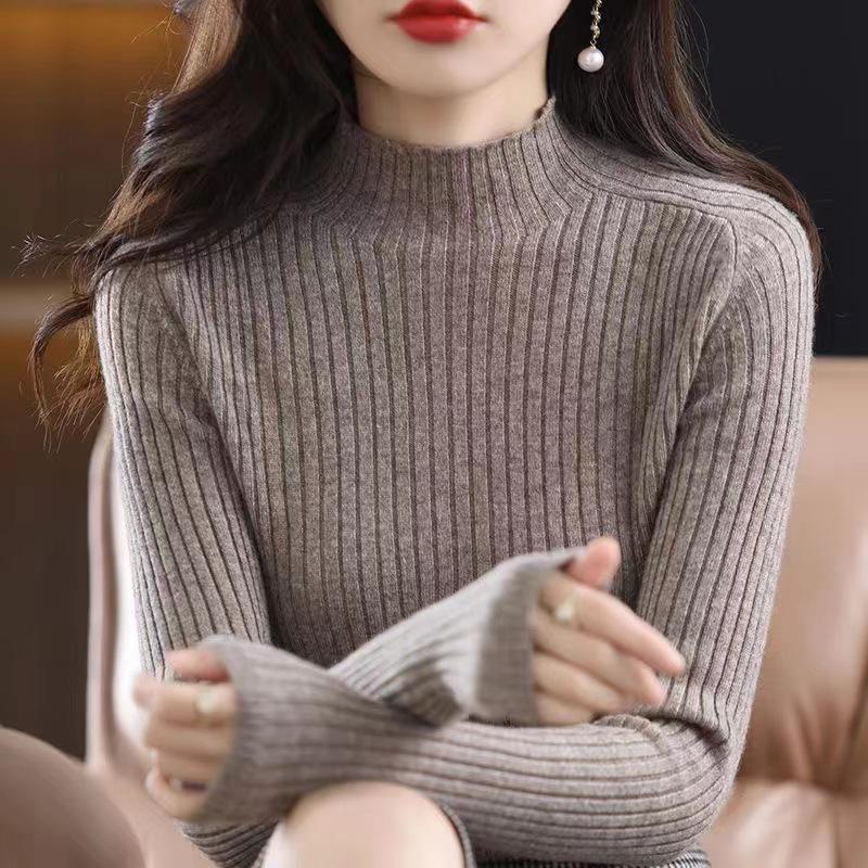 Solid Color Semi-turtleneck Bottoming Shirt Women's Inner High-end Sense Fashion Versatile Vertical Stripe Slim-fit Knitted Sweater Spring