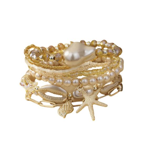 Summer Beach Bracelet for Women Faux Pearl Seashell Starfish Boho Layered Beaded Bracelets Handmade Stretch Bracelet