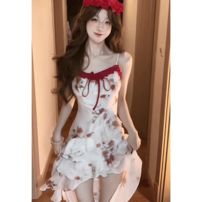 Desire Spice Girl Suspender Floral Dress Women s Summer New Irregular Floral Wrap Waist Suspender Dress S