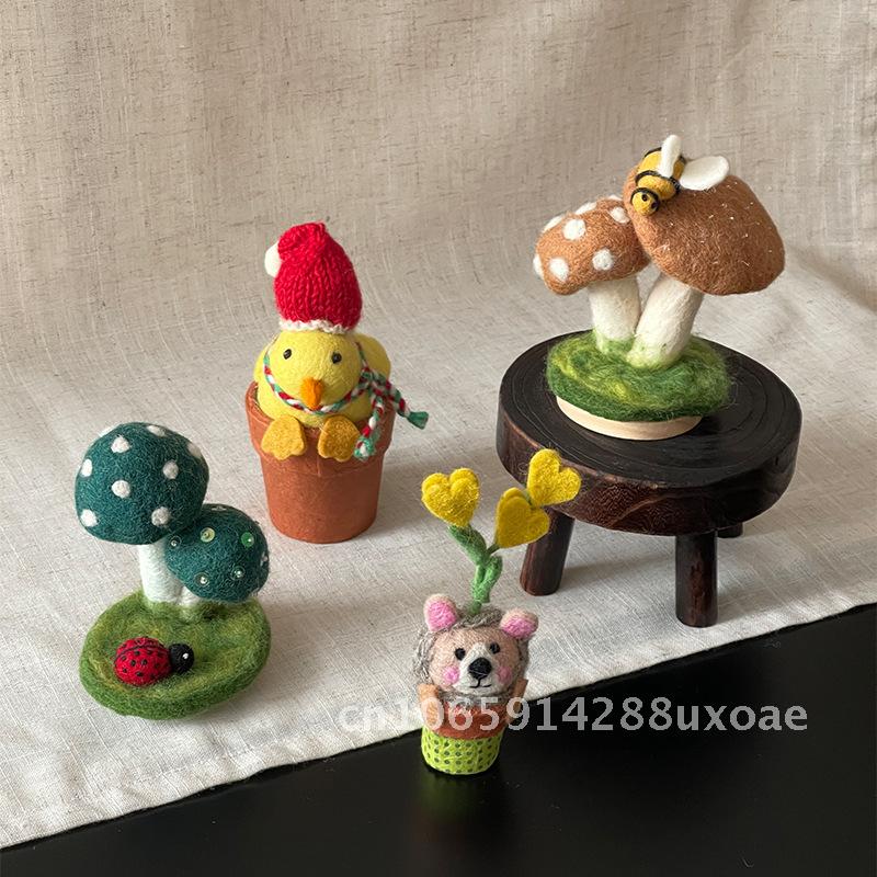 Handmade Wool Felt Penguin Rabbit Mushroom Ornaments Cute Animal Home Decoration Doll with Base