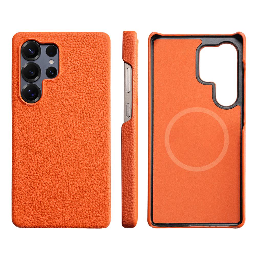 for Magsafe Case for Samsung Galaxy S24 S25 Ultra Plus Natural Cowhide Lychee Leather Magnetic Protector Luxury Phone Back Cover