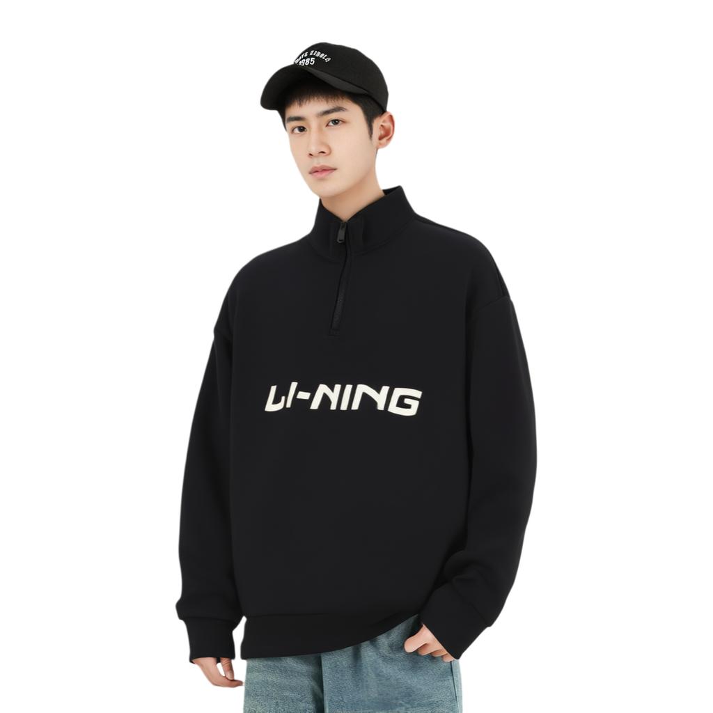 Li-Ning Stand Collar Solid Color Casual Versatile Fashion Comfortable Sweatshirt Men Sweatshirt Black AWDUF23-1