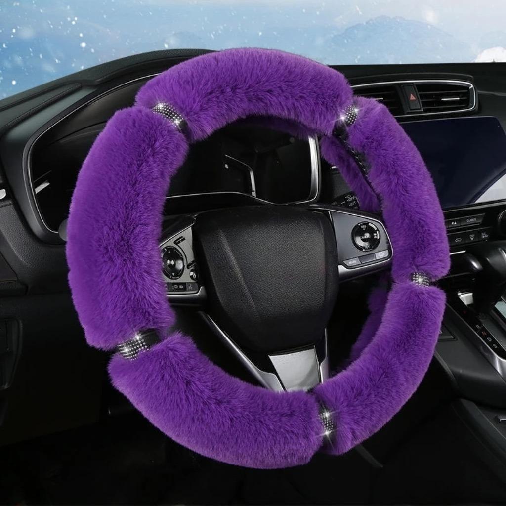 38cm Imitation Mink Fur Car Steering Wheel Cover Warm Plush with Rhinestones Elastic Handle Warmth Luxury Steering Covers