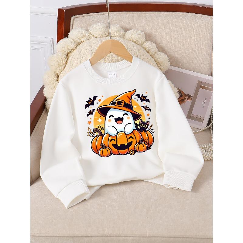 Girls' Halloween Long-sleeve Crewneck Sweatshirt, Fun"Halloween Pumpkin " Printed Top, Kids' Casual Autumn Clothing