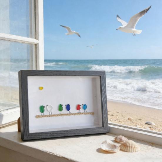 Sea Glass Photo Frame Home Decor 7.6 Inch Handmade Sea Glass Birds Artwork Wooden Frame Unique Sea Glass Art Decoration Housewarming Gift for Friend