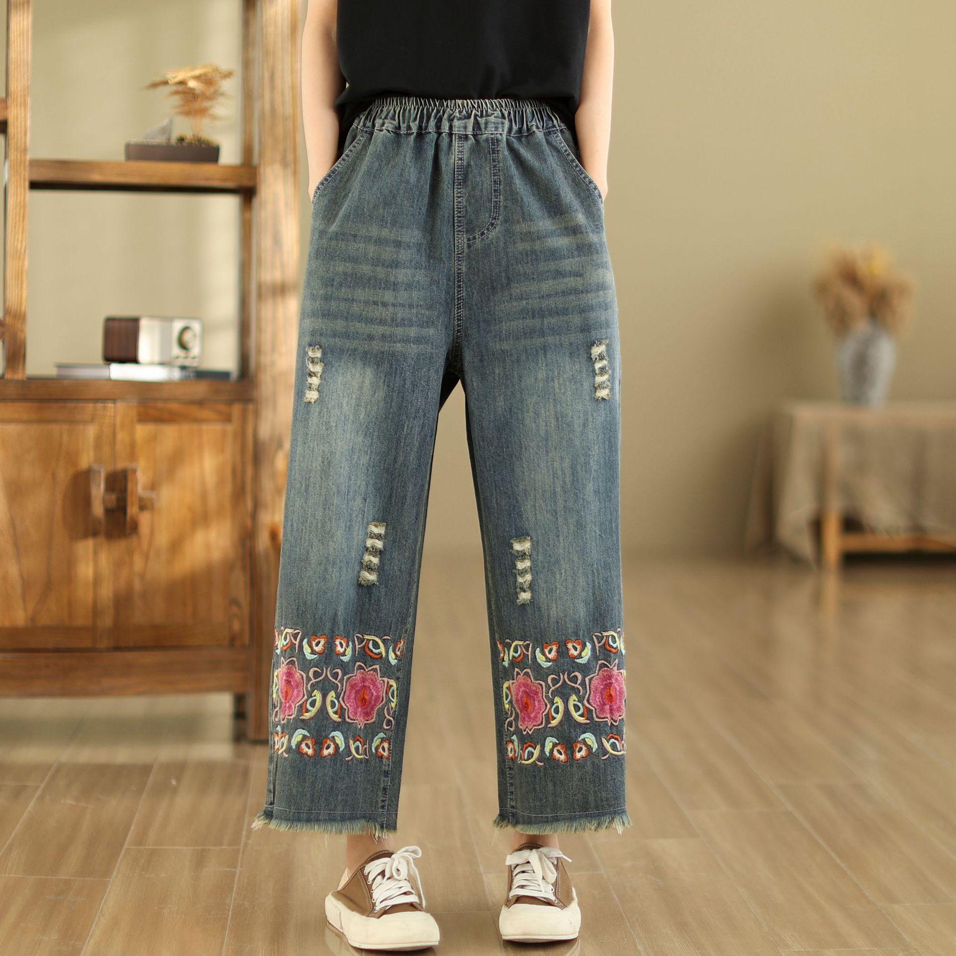 

Women s High-Waist Wide-Leg Embroidered Jeans - Loose Fit, Raw Edge, Nine-Point Cotton, Plus Size, Casual Spring/Summer Pants L