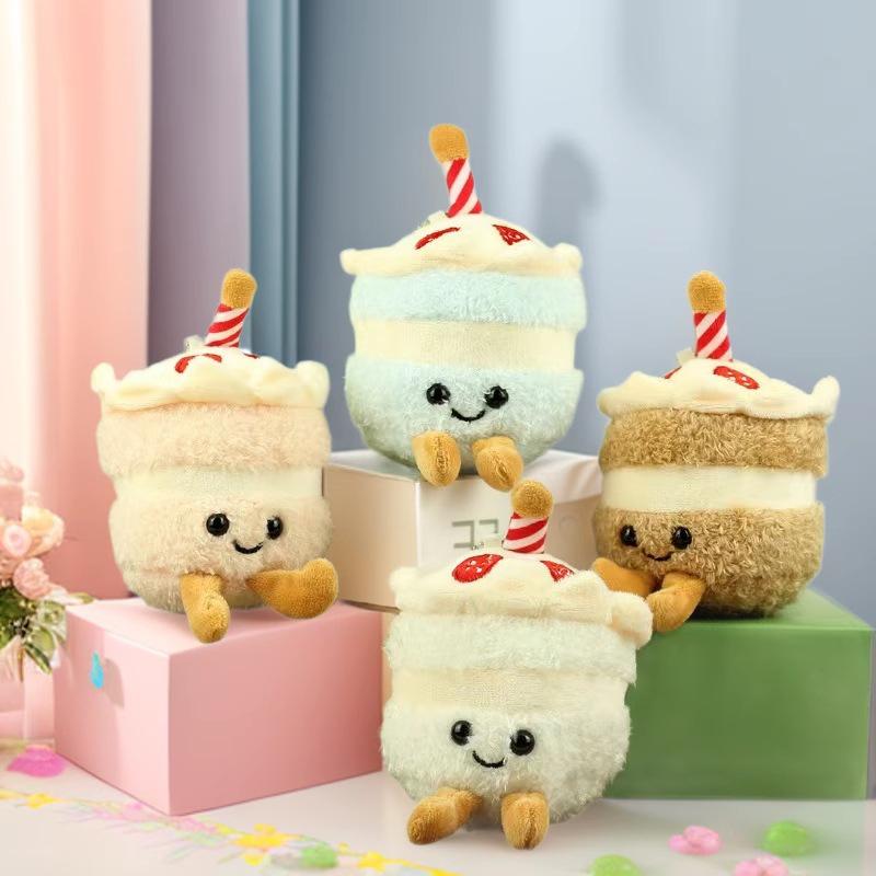 Internet Celebrity Cute Cake Candles & Milk Tea Cup Plush Doll Keychain Ornaments