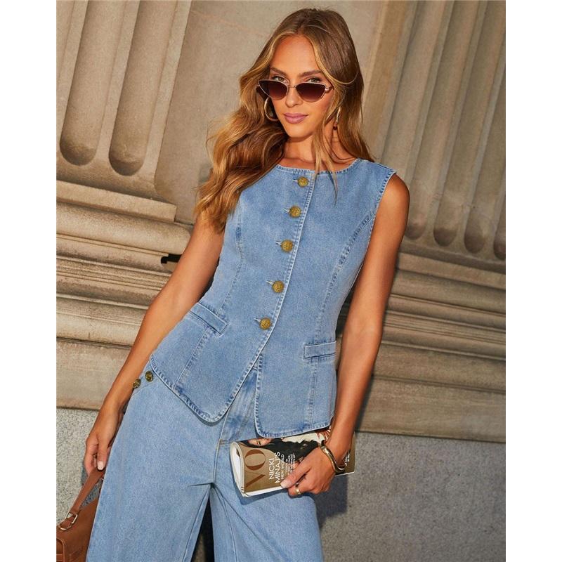 European And American Temperament Button Sleeveless Vest Wide-leg Jeans Denim Jacket