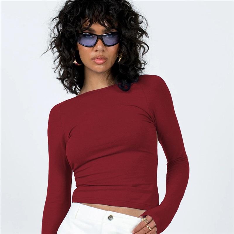 

Женские облегающие топы с длинным рукавом, базовые укороченные топы для выхода в свет, модные однотонные топы с круглым вырезом и многослойной облегающей посадкой L красный