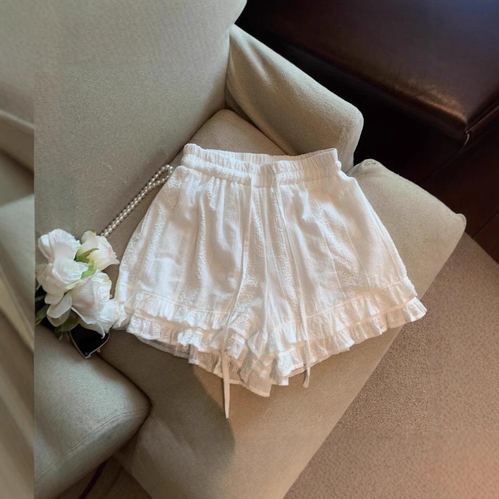 Women French Lace Ruffle Wide Leg Shorts 2025 Summer Loose Casual Elastic Waist A-line Hot Pants Bottoms