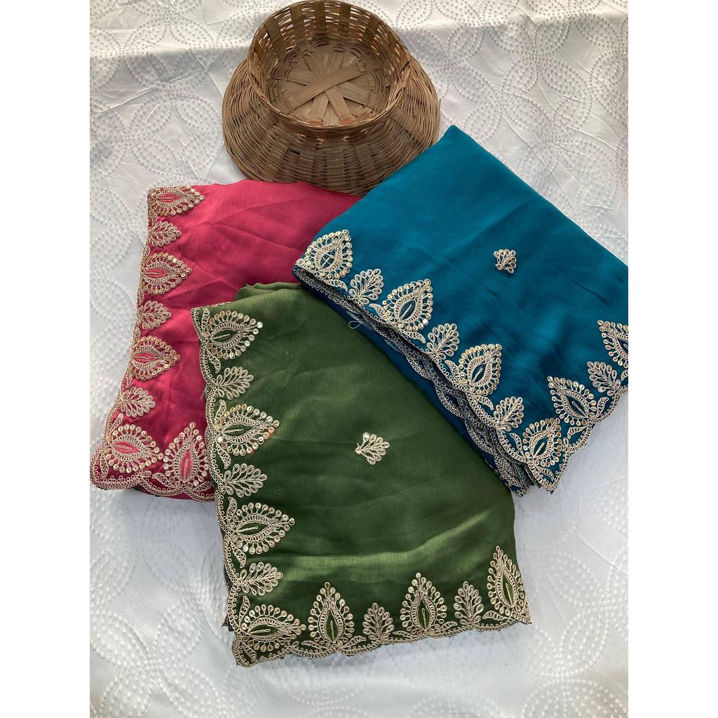New Launch – Premium Satin Chiffon Embroidered Party Wear Saree