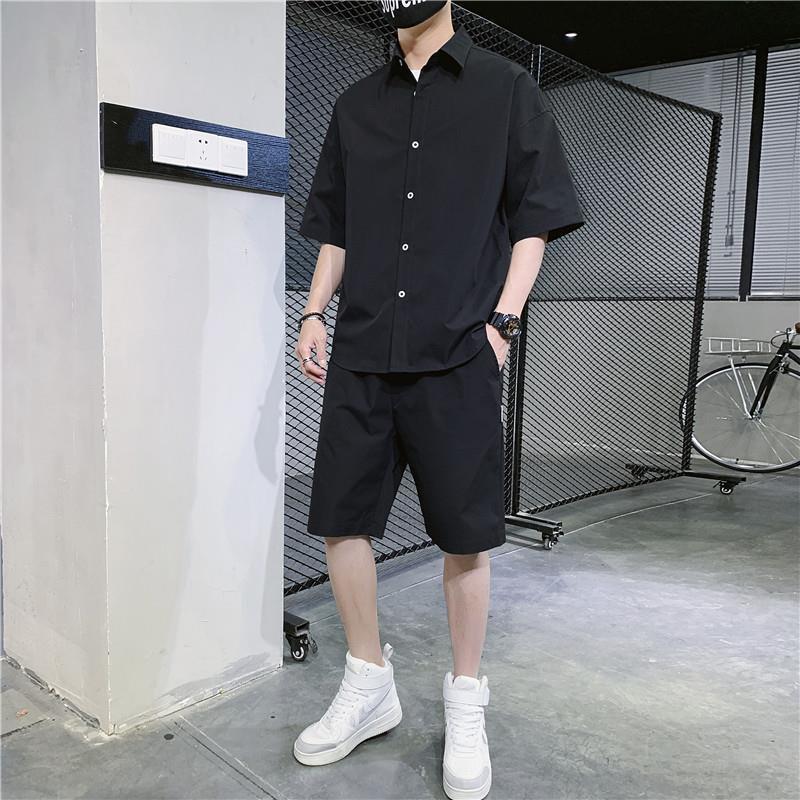 Camicie da uomo Set Camicia estiva a maniche corte tinta unita e pantaloncini da spiaggia Set sportivo da 2 pezzi