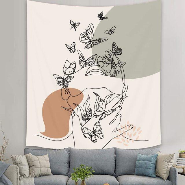 Abstract Woman Tapestry Aesthetic Boho Home Decor Butterfly Fabric Wall Hanging Modern Flower Plant Bedroom Office Decoration