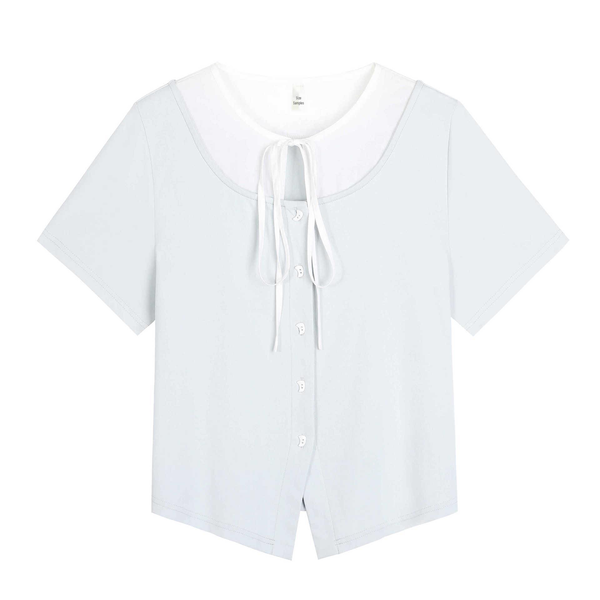 

Lace-Up Crescent Button Blouse for Plus Size Women - Slimming Two-Piece Top 5XL (200-220 lbs) светло-синий