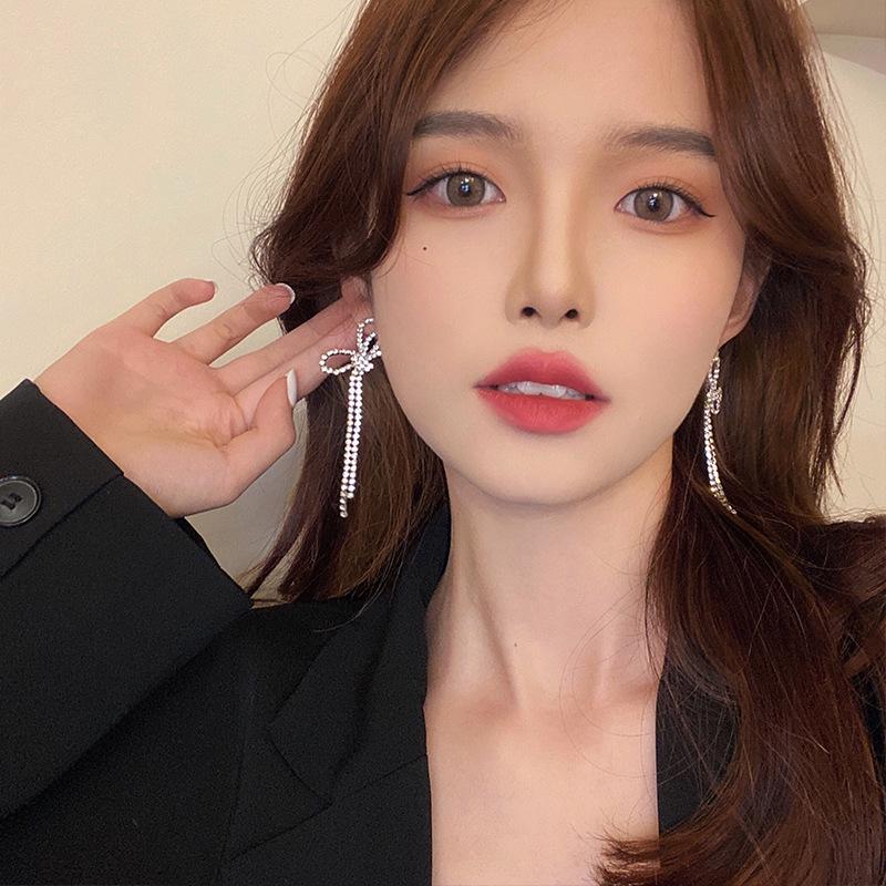S925 Silver Needle Diamond Bow Tassel Earrings - Trendy Korean Fashion for Women