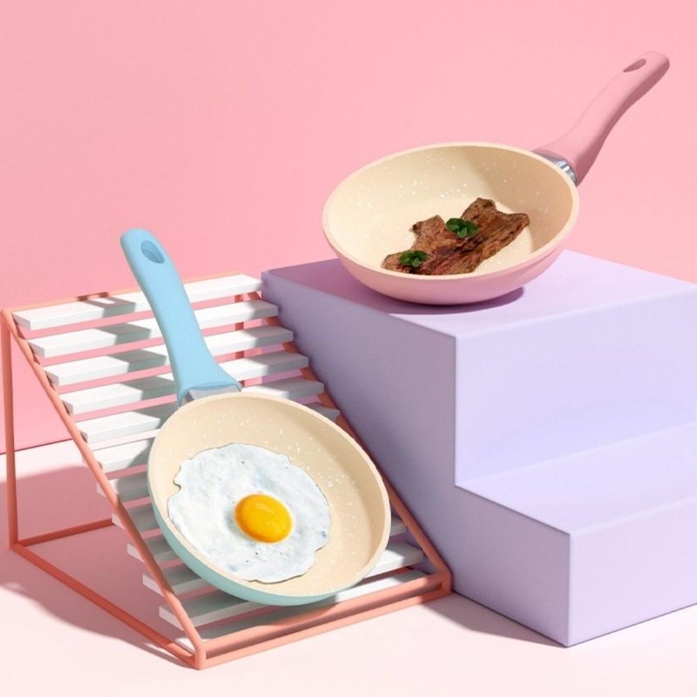 Non Stick Frying Pan Wok 14cm Marble Coated Mini Cooking Pot Skillet Kitchen Cookware Silicone Handle Omelette Pan Gas Stove